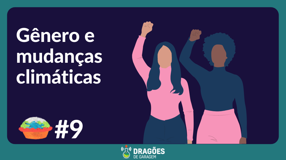 Dentro de uma moldura verde turquesa, um quadro azul escuro com escrito em branco "Gênero e mudanças climáticas" logo abaixo uma tortinha desenhada e um "#9". à direita da imagem um desenho de duas mulheres, uma de pele bege clar, camiseta de manga comprida rosa, e caelos longos lisos e pretos. Ao lado, o desenho de uma mulher de pele marrom escura, camiseta de manga longa preta e parte de baixo rosa. O cabelo é um black power preto. As duas mulheres estão de punhos erguidos.