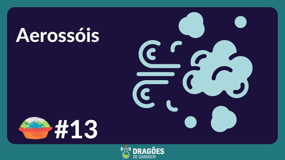 Fundo azul marinho com uma moldura fina em verde turquesa. à esquerda escrito "Aerossóis" logo abaixo o logo do tortinha seguido de "#13" em branco. Ocupando a porção direita do retângulo um desenho em verde acinzentado de uma nuvemzinha com um ventinho do lado e umas nuvens menores rodeando. O logo do dragões de garagem na parte inferior.