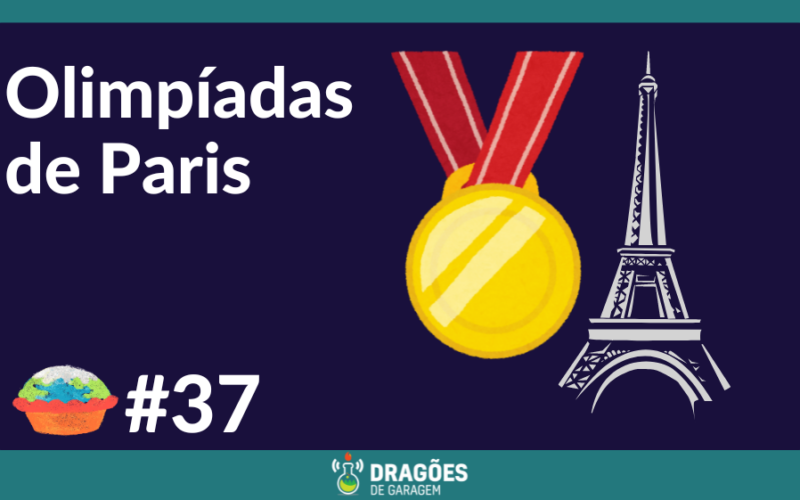 "Olimpíadas de Paris" ao lado de uma medalha e um desenho estilizado da torre Eiffel.