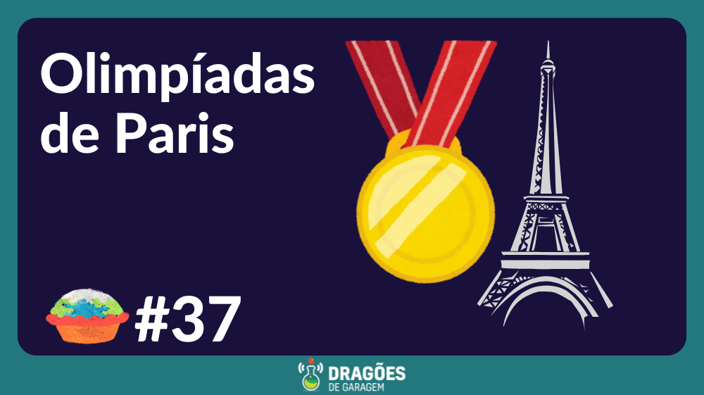 "Olimpíadas de Paris" ao lado de uma medalha e um desenho estilizado da torre Eiffel.