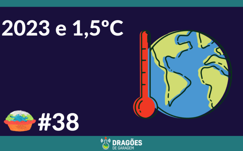 "2023 e 1,5ºC" em branco ao lado de um desenho de um planeta terra, estilizado, colorido de azul claro e verde com um termometro a esquerda, preenchido de vermelho. "#38" ao lado do logo do tortinha na parte inferior esquerda