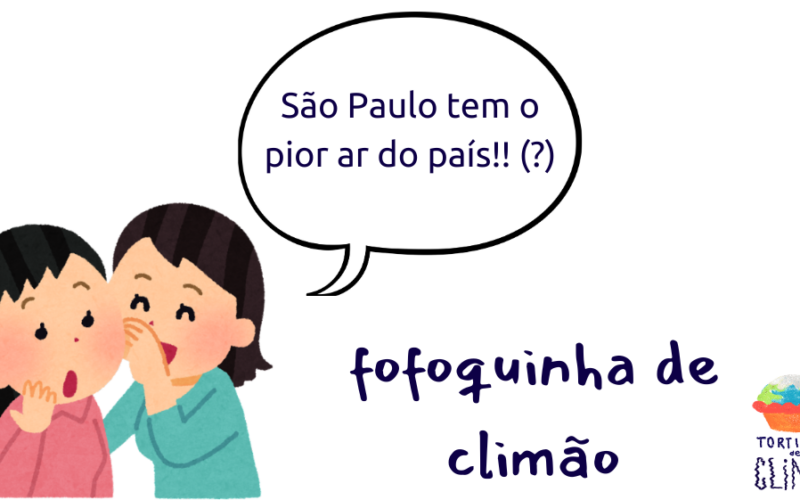 desenho, de duas pessoas brancas fofocando/cochichando: "São Paulo tem o pior ar do país!!! (?)"