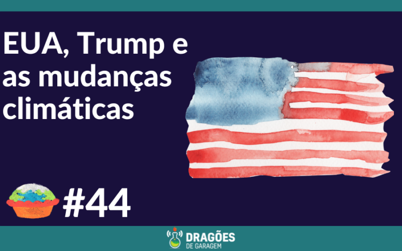 "EUA, Trump e as mudanças climáticas" escrito em branco sobre um fundo azul escuro, ao lado esquerdo. Ao lado direito uma bandeira americana desenhada em aquarela.