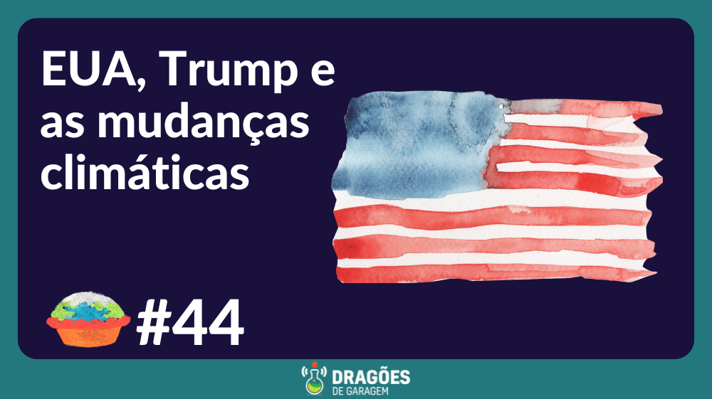 "EUA, Trump e as mudanças climáticas" escrito em branco sobre um fundo azul escuro, ao lado esquerdo. Ao lado direito uma bandeira americana desenhada em aquarela.