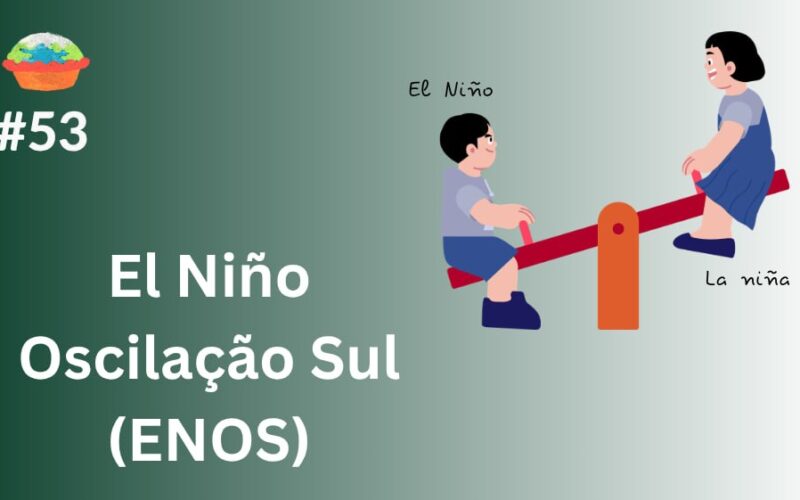 sob um fundo com degrade (verde escuro a esquerda, branco a direita)está o texto "El Niño Oscilação Sul (ENOS)" À esquerda, em branco. Também à esquerda, notopo, o logo dotortinha com "#53"logo abaixo dele. Ádireita um desenho simples de duas crianças que brincam em uma gangorra vermelha, em cimado menino estáescrito "elniño" e abaixo da menina "la niña".