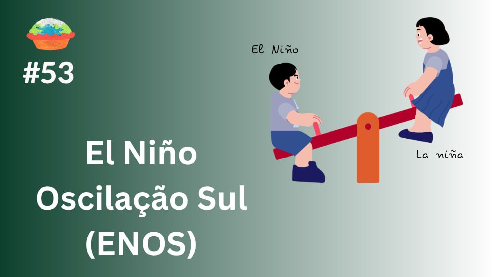 sob um fundo com degrade (verde escuro a esquerda, branco a direita)está o texto "El Niño Oscilação Sul (ENOS)" À esquerda, em branco. Também à esquerda, notopo, o logo dotortinha com "#53"logo abaixo dele. Ádireita um desenho simples de duas crianças que brincam em uma gangorra vermelha, em cimado menino estáescrito "elniño" e abaixo da menina "la niña".
