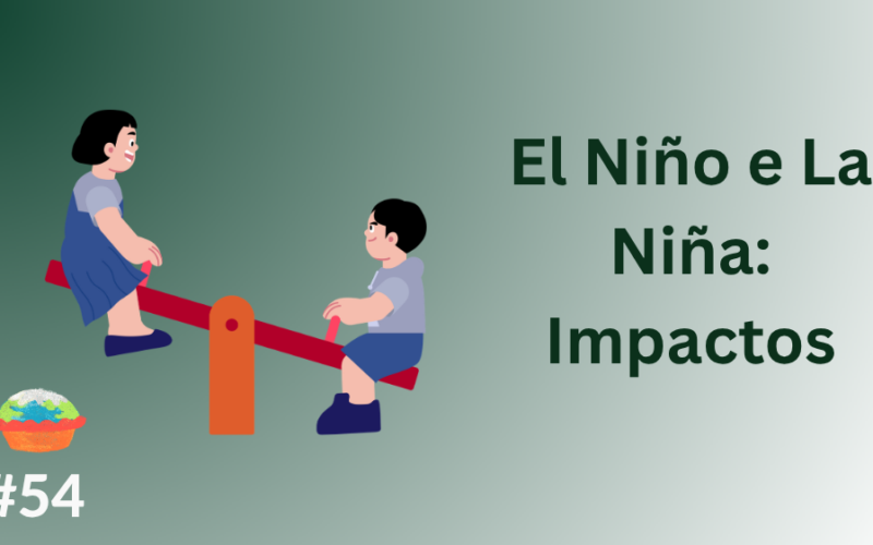 em um fundo em degrade verde escuro e branco, uma menina desenhada numa gangorra, com um menino também,na parte inferior. escrito ao lado "El Niño e La Niña: Impactos"