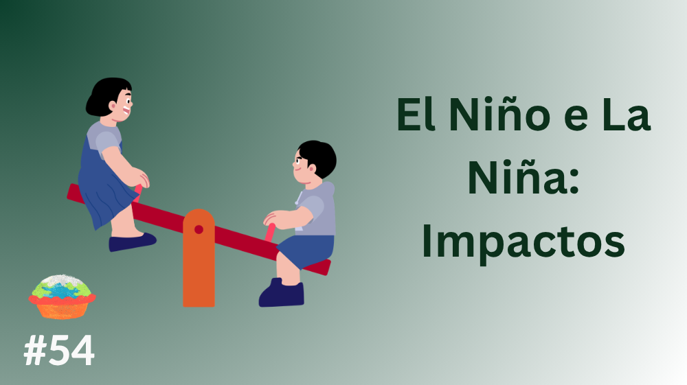 em um fundo em degrade verde escuro e branco, uma menina desenhada numa gangorra, com um menino também,na parte inferior. escrito ao lado "El Niño e La Niña: Impactos"